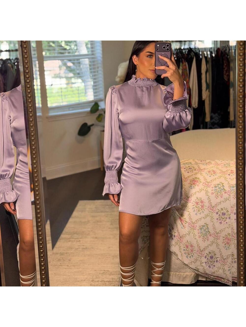 Glam Satin Lavender Mock Neck Mini Dress Romantic Cocktail Wedding Guest